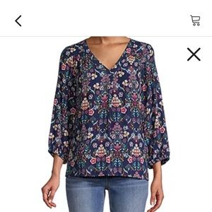 St. John's Bay Womens V Neck 3/4 Sleeve Blouse Navy Floral